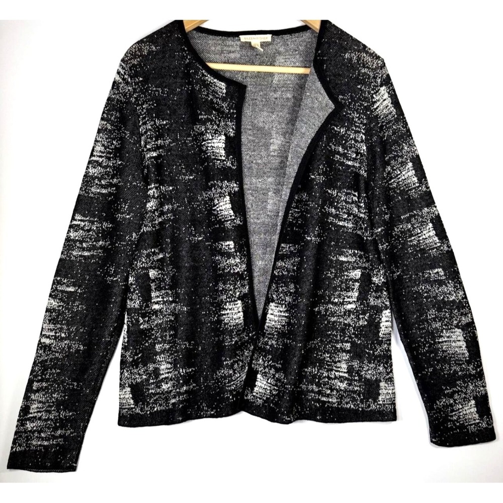Eileen Fisher Organic Linen Cardigan Small Black White Open Front Italian Yarn